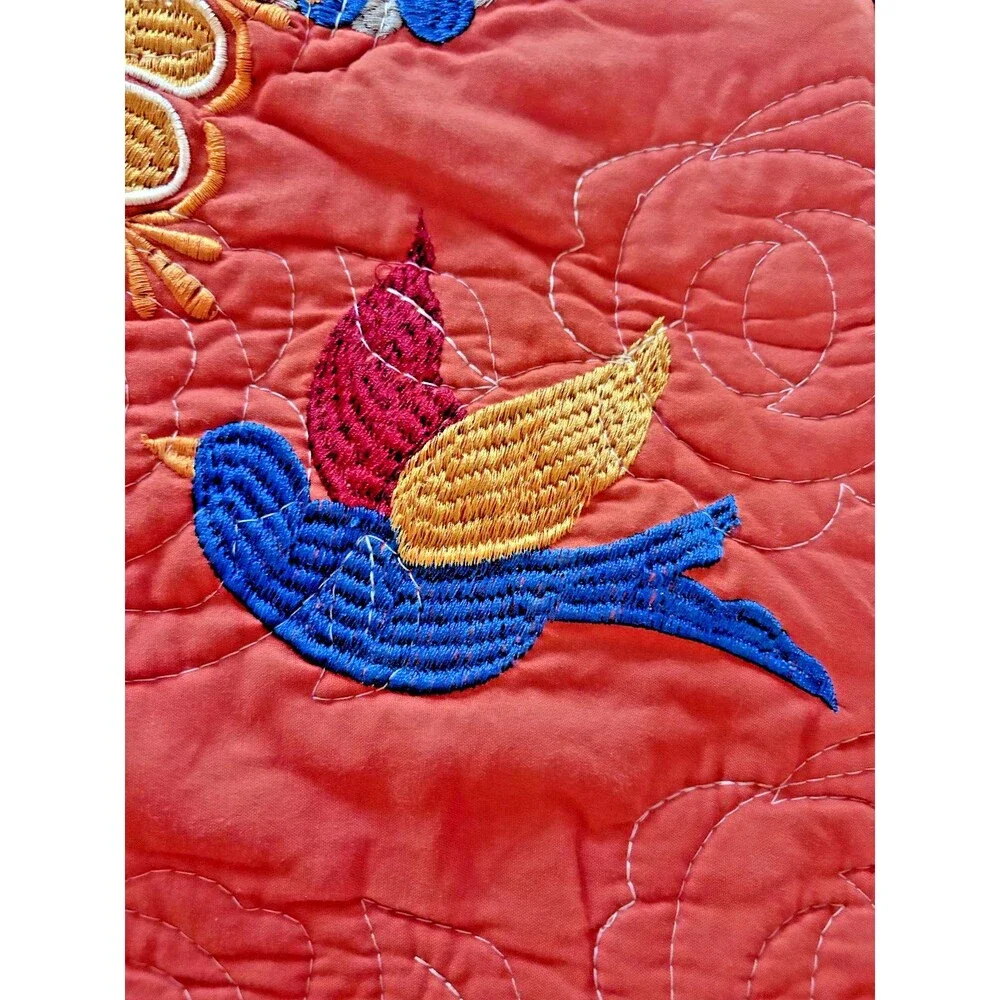 2 Pillow Shams Embroidered Flowers Bird Orange 36 X 20”  Tie Back